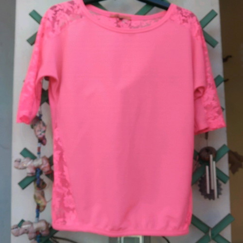 Bershka blouse with lace 3/4 sleeve fluorescent pink like new