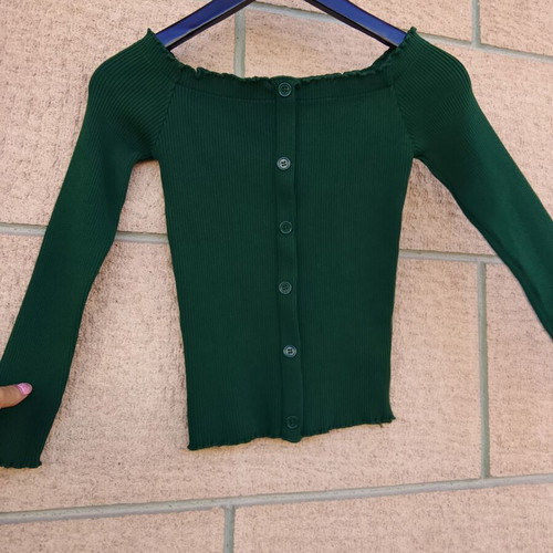 Off-shoulder ribbed knit top, deep green, one size S/M
