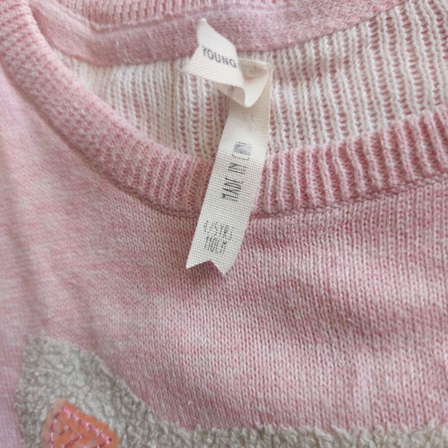 Knitted pink girl’s sweater 4-5 years 110 cm like new with beige cat and hearts