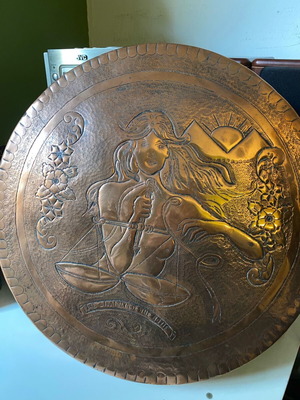 Decorative copper plate with embossed goddess of justice like new