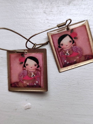 Handmade dangling earrings with girl used, pink and gold