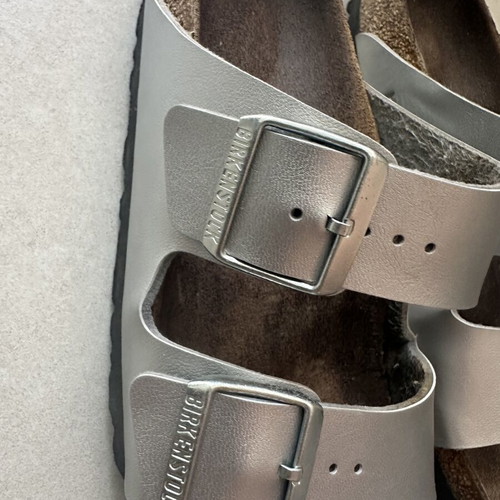 Birkenstock silver leather slippers, size 38