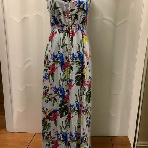 Maxi summer dress new with pearls and colorful parrot pattern