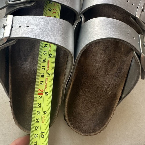 Birkenstock silver leather slippers, size 38