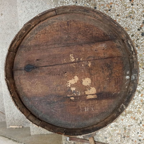 Old oak barrel used with cork stopper and plastic spigot