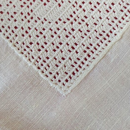 Cotton vintage rectangular embroidered table runner refurbished with handmade crochet lace