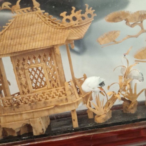 Handmade Chinese landscape cork diorama in glass case