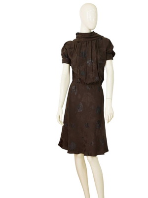 DSquared2 D2 Brown Devore Silk Leaves & Logo Pattern  Knee Dress size 40