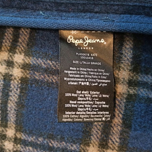 Pepe Jeans coat like new, blue, size Large, 100% wool