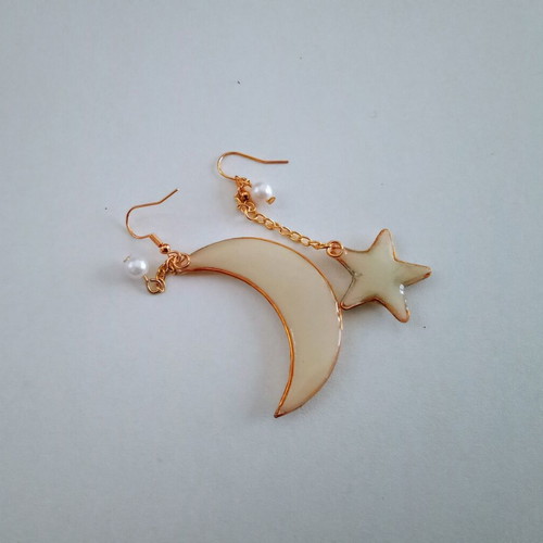 Handmade Moon and Star Earrings new, beige and gold