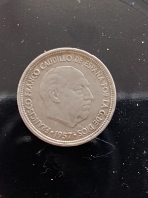 Spanish 5 Pesetas Coin 1957 with Franco used
