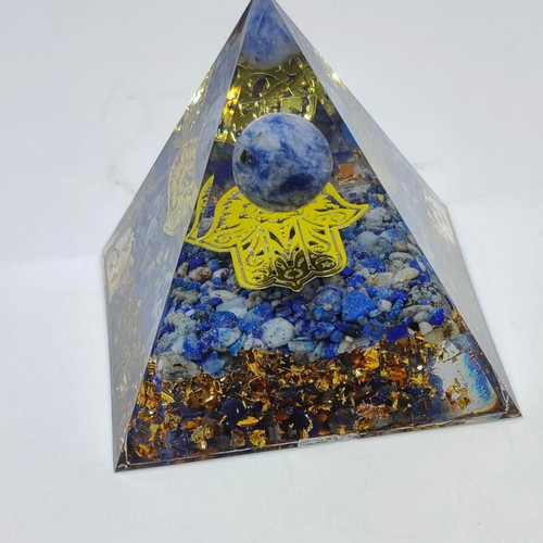 Orgonite pyramid with Lapis Lazuli, Sodalite and Hamsa hand like new