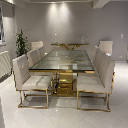 Elegant custom-made dining room set with glass table and 8 chairs