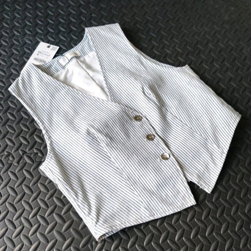 Zara women's vest white with blue stripes and metallic thread new