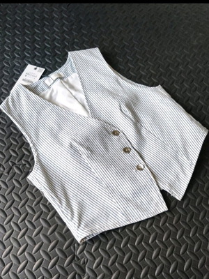 Zara women's vest white with blue stripes and metallic thread new