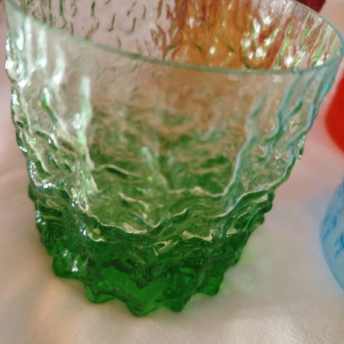 Vintage colored glasses used, set of 4 with embossed texture