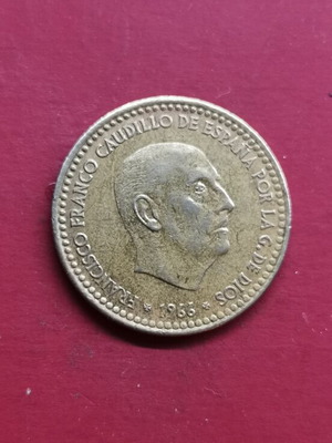 Spain 1 Peseta coin used, 1966, copper-aluminum