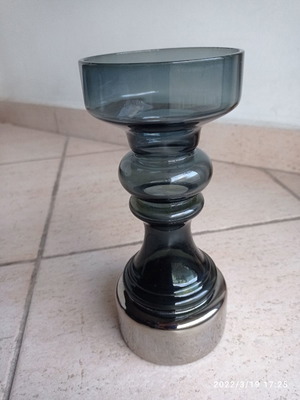 Vintage vase used with silver-plated base and unique gray-blue-green shade
