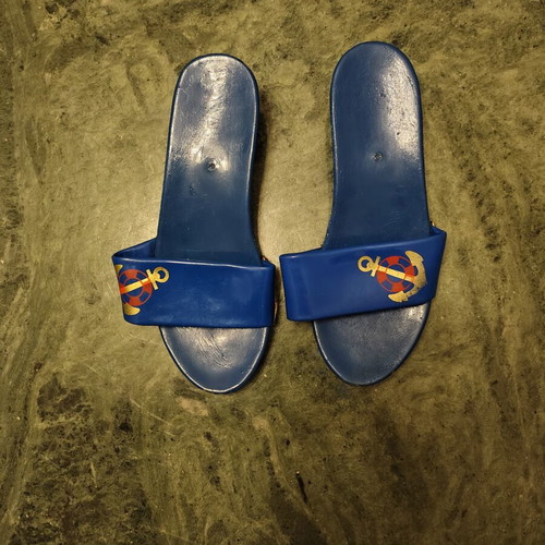 Retro children's wooden clogs used, blue nautical design 1970s