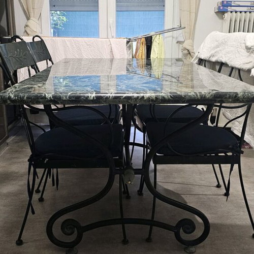 Marble table Verde Alpi with wrought iron base and 4 chairs like new