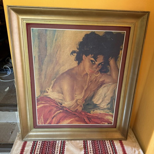 Vintage painting Gypsy Girl by Charles Roka with golden frame like new