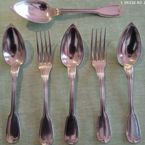 Christofle silver-plated Chinon cutlery set 5+1 used with monograms