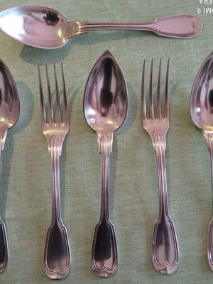 Christofle silver-plated Chinon cutlery set 5+1 used with monograms