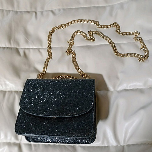 Stradivarius shoulder bag black with rhinestones and gold chain new