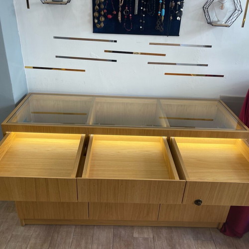 Display Cabinets like new, walnut, LED lighting, soft close, set of 2