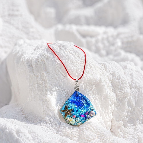 Handmade UNIQUE Long Necklace with Natural Shells, Pearls, and Corals in Liquid Glass