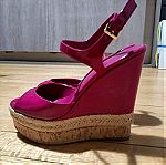 Gucci Pink Patent Leather Hollie Wedge Sandals Size 36.5