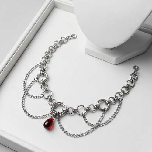 Choker with Red Tear Pendant and Stainless Steel Chains new