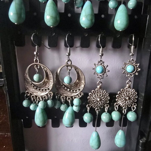 Earring set new, 5 pairs, turquoise and silver