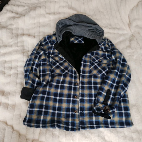 Men's fleece plaid jackets with hood and fur lining like new, size L