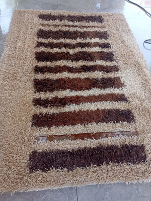 Handmade rug with leather, beige and brown