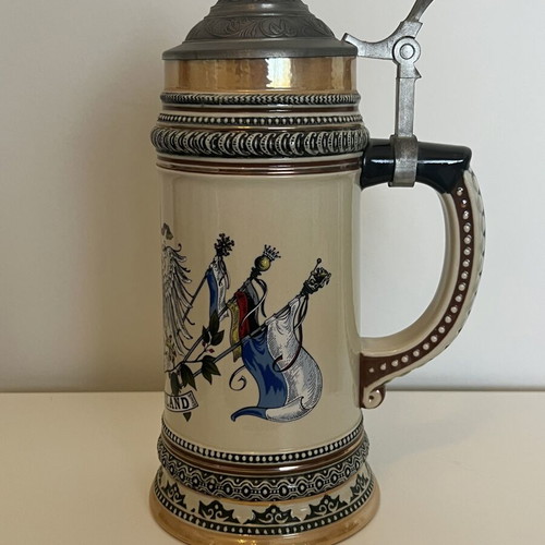 German Beer Stein handmade, like new, with pewter lid and imperial emblem