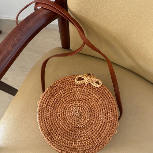 Bamboo round straw bag crossbody like new, brown