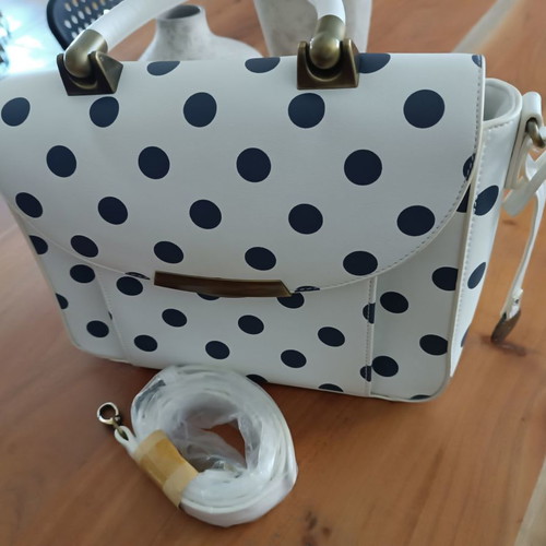 Carpisa crossbody and handheld bag new, white with gray-blue polka dots