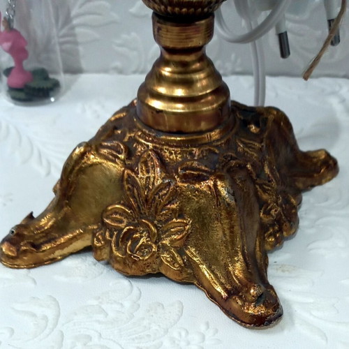 Vintage table lamp with glass chimney and carved brass base used