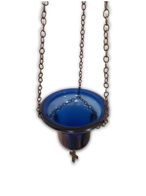 Hanging lamp with blue glass, cross and chain 10x10cm
