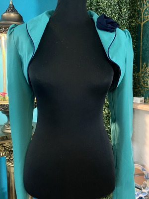 Turquoise bolero jacket like new, size S-M, dark blue flower detail
