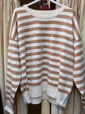 Woolen women's striped sweater new, beige and blue with hearts