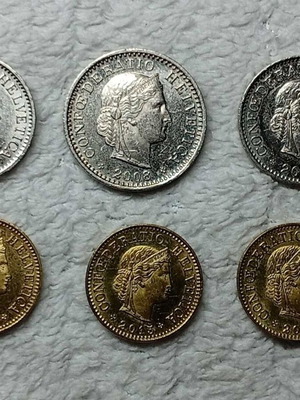 Swiss coins used, set of 6, 5 to 20 Rappen