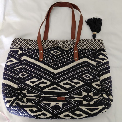 Springfield tote bag with ethnic design, shoulder style, white and blue