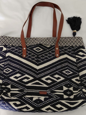 Springfield tote bag with ethnic design, shoulder style, white and blue