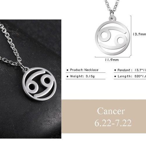 Stainless steel Cancer zodiac necklace new, silver color
