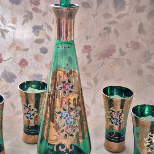 Vintage wine or ouzo serving set, like new, emerald crystal with gold