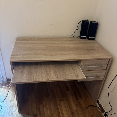 Wooden desk with sliding shelf and 2 drawers, like new