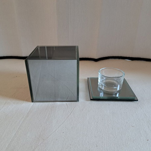Glass mirrored tealight holder new, cube for one tealight