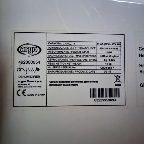 Argo Dry Baby 11 dehumidifier used, 11 liters capacity